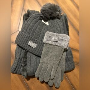 UGG Winter Charcoal Grey  Sweater Weather pom pom hat infinity scarf Set. NWT